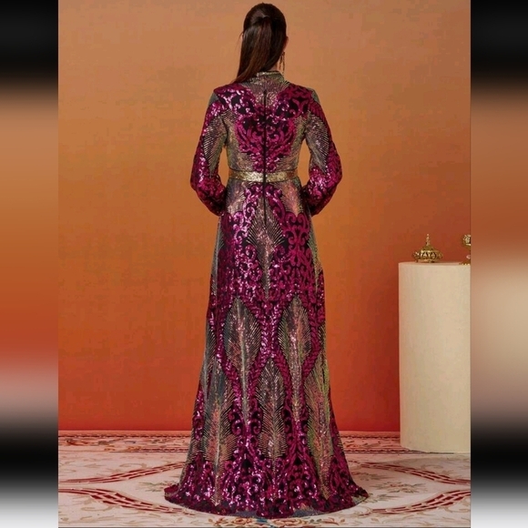 Hot Pink, Bishop Sleeves, V Neck, Contrast Sequined Mermaid Maxi Gown - Picture 3 of 11